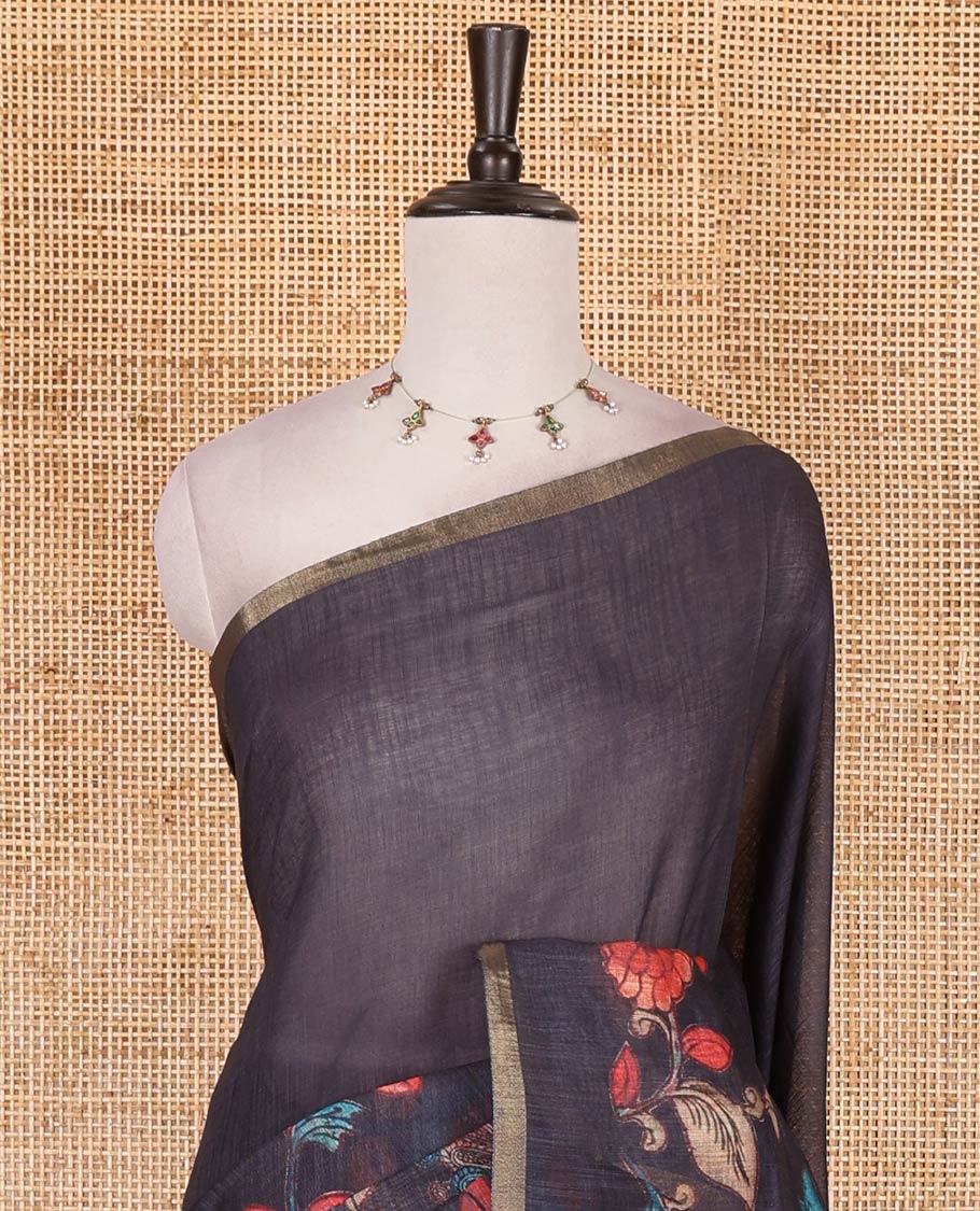 Black-lavender kalamkari floral vine, and peacock printed linen cotton saree, piping border, kalamkari printed pallu, and contrast striped pallu - Image 3