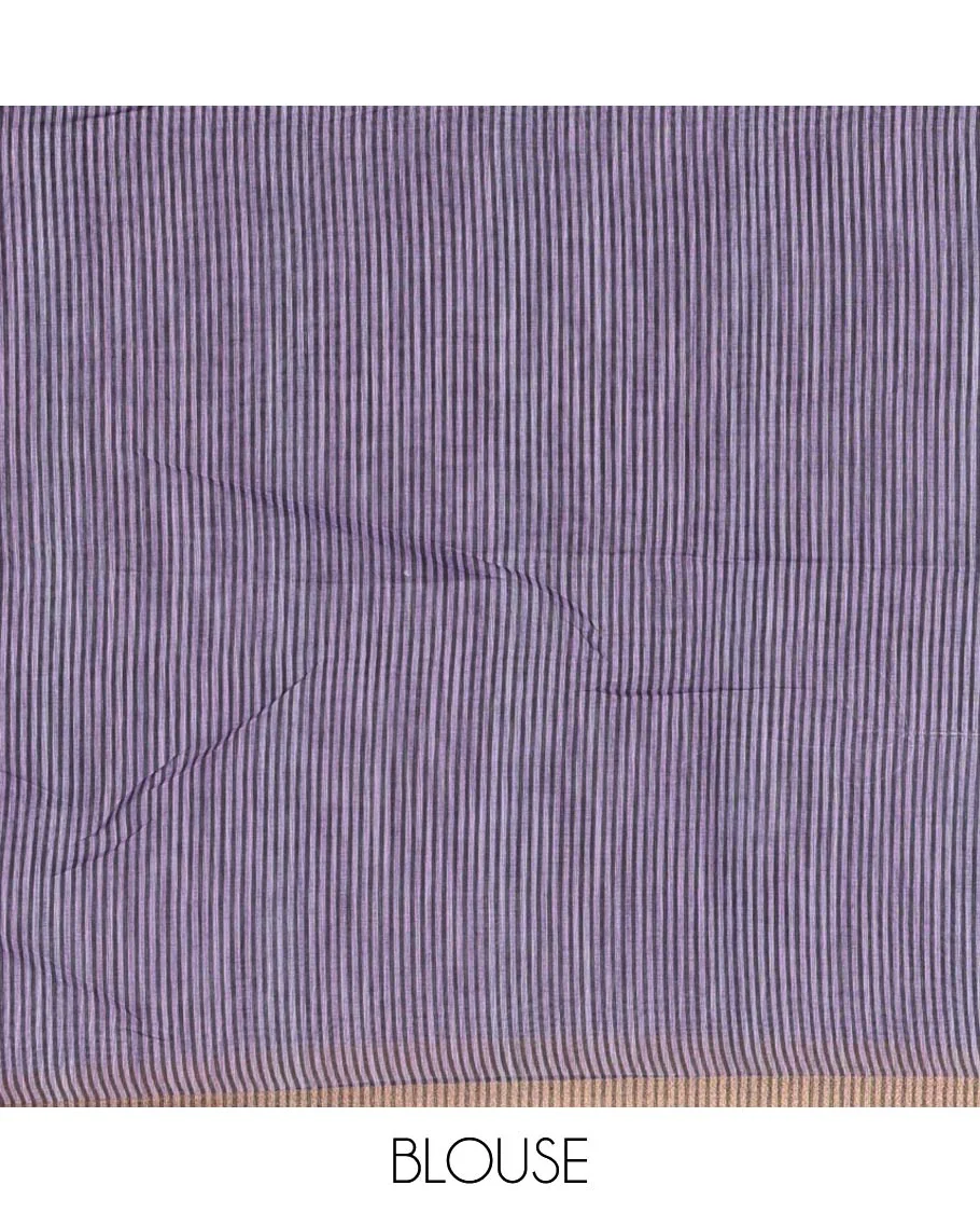 Black-lavender kalamkari floral vine, and peacock printed linen cotton saree, piping border, kalamkari printed pallu, and contrast striped pallu - Image 4