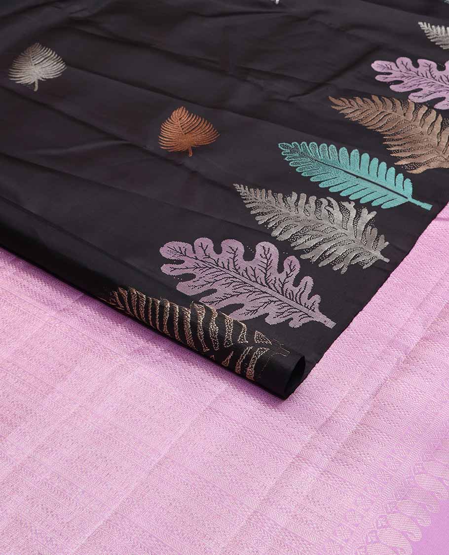 Black leaf buttas kancheepuram silk saree with self border of leaf design & floral design pallu - Image 2