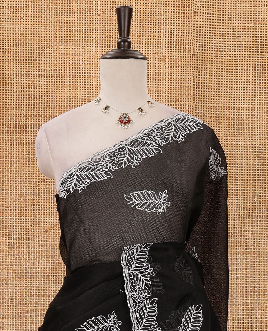 Black leaf motifs embroidered kota checks saree, leaf embroidered scallop border & embroidered pallu & matching thread embroidered blouse - Image 3