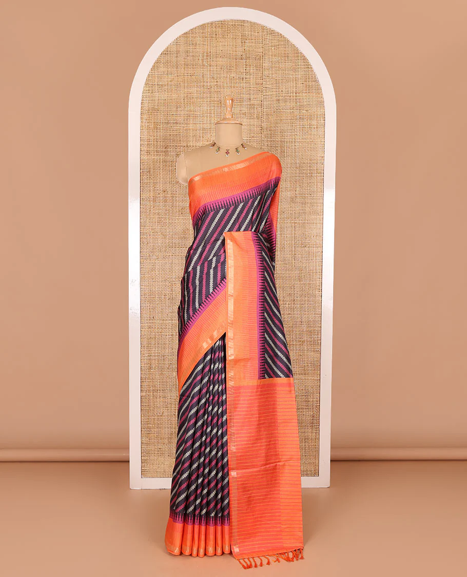 Black leheriya stripes printed katan silk saree, contrast zari piping temple border, temple pallu, and a contrast square buttas printed blouse - Image 2