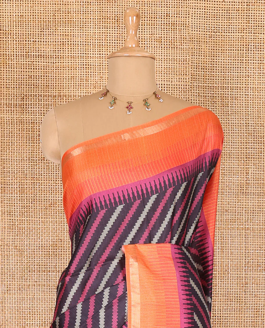 Black leheriya stripes printed katan silk saree, contrast zari piping temple border, temple pallu, and a contrast square buttas printed blouse - Image 3