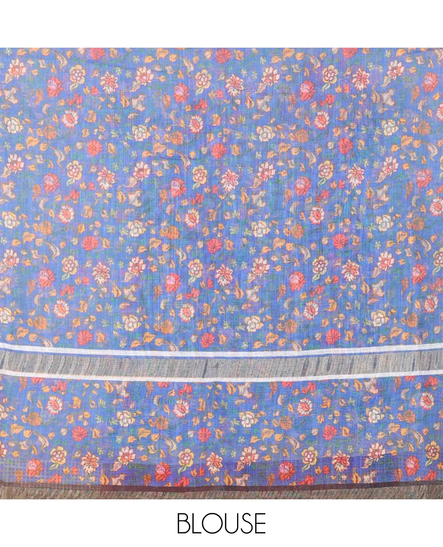 Black Linen Saree Adorned with Leaf Motifs All Over Its Body, Complemented by a Contrast Floral Vine Printed Border, Pallu Mirrors the Floral Vine Print, and Paired with a  Contrast Floral Printed Blouse - Image 3