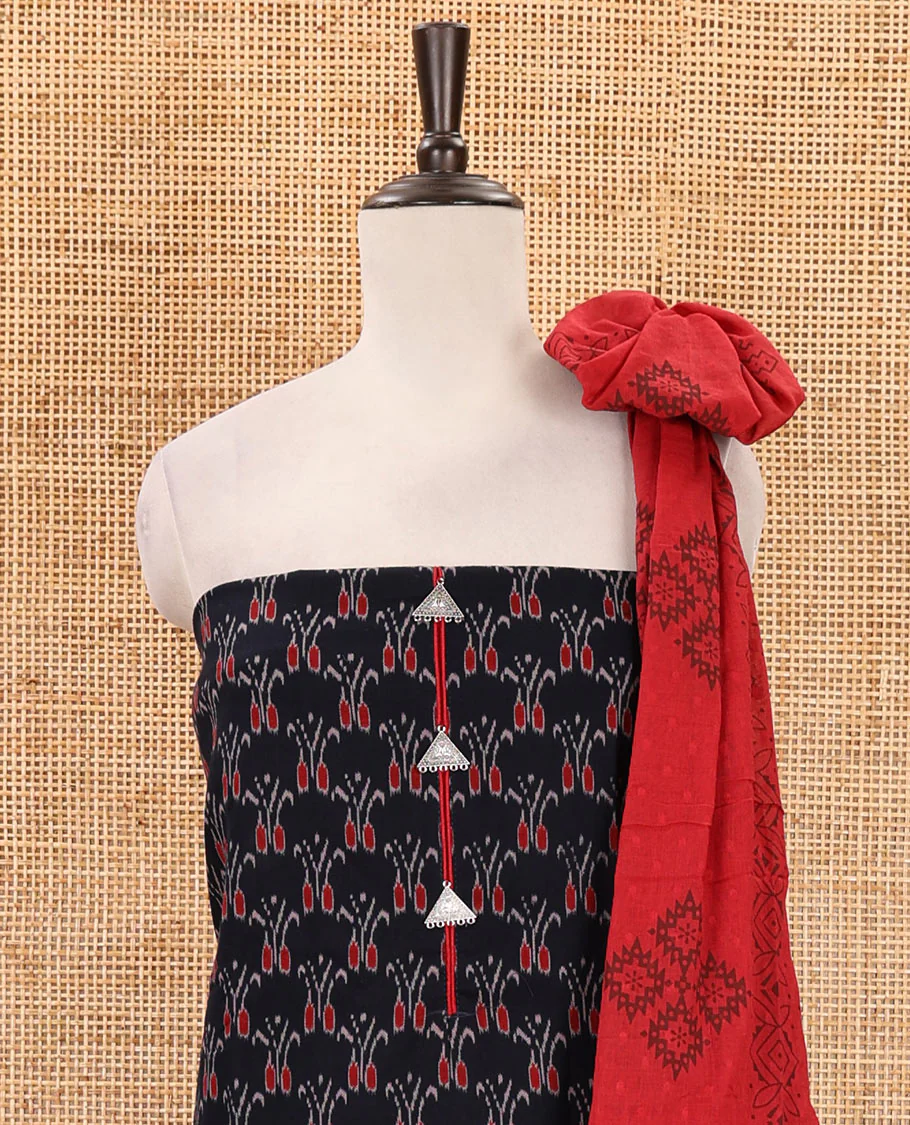 Black-maroon flex cotton material chudidar set, ikkat printed & oxidised charm woven top, contrast bottom & negative printed dupatta - Image 4