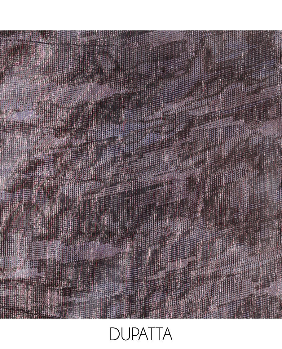 Black material chudidar set, abstract printed with mirrorwork vichitra silk top, santoon bottom, and abstract printed shimmer georgette dupatta - Image 2