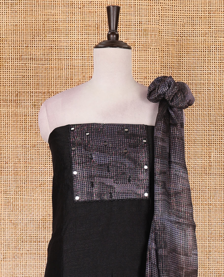 Black material chudidar set, abstract printed with mirrorwork vichitra silk top, santoon bottom, and abstract printed shimmer georgette dupatta - Image 3