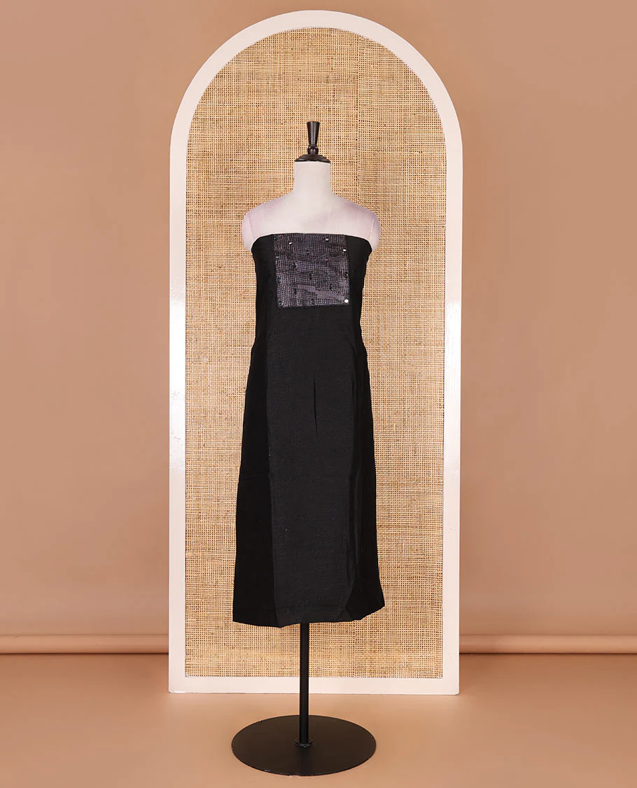 Black material chudidar set, abstract printed with mirrorwork vichitra silk top, santoon bottom, and abstract printed shimmer georgette dupatta - Image 4