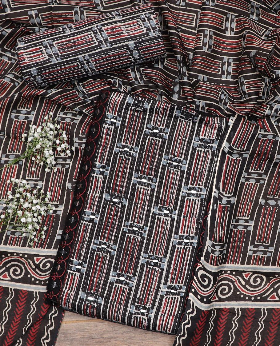 Black material chudidar set, batik leheriya striped with mirror work top, printed bottom and batik printed dupatta