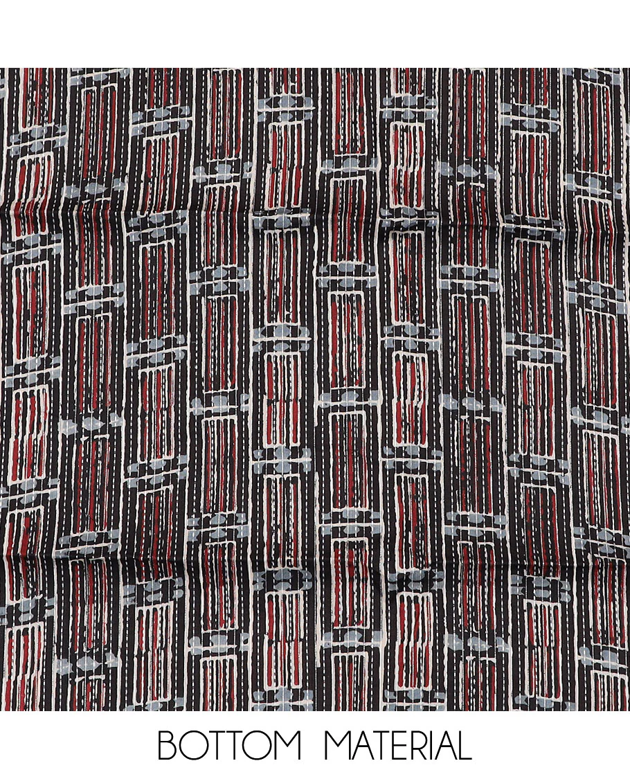 Black material chudidar set, batik leheriya striped with mirror work top, printed bottom and batik printed dupatta - Image 3