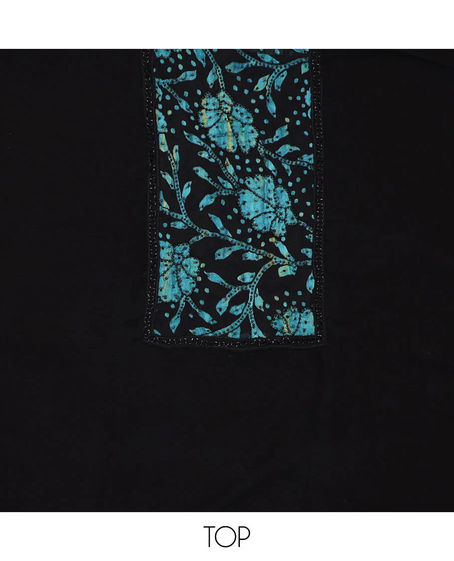 Black material chudidar set, blue floral vine print with black micro stone neck work top, plain bottom and floral vine printed dupatta - Image 2