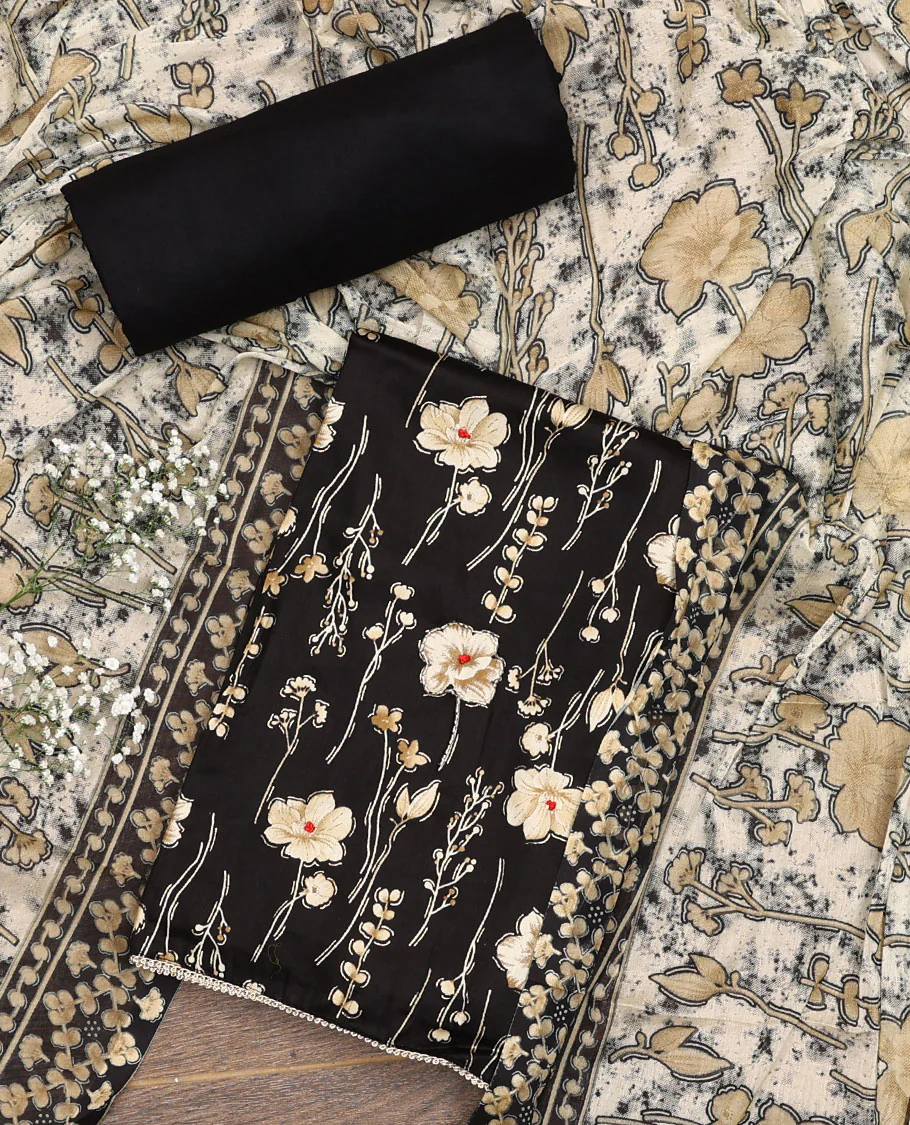 Black material chudidar set, floral motifs printed top, plain bottom, and floral printed dupatta