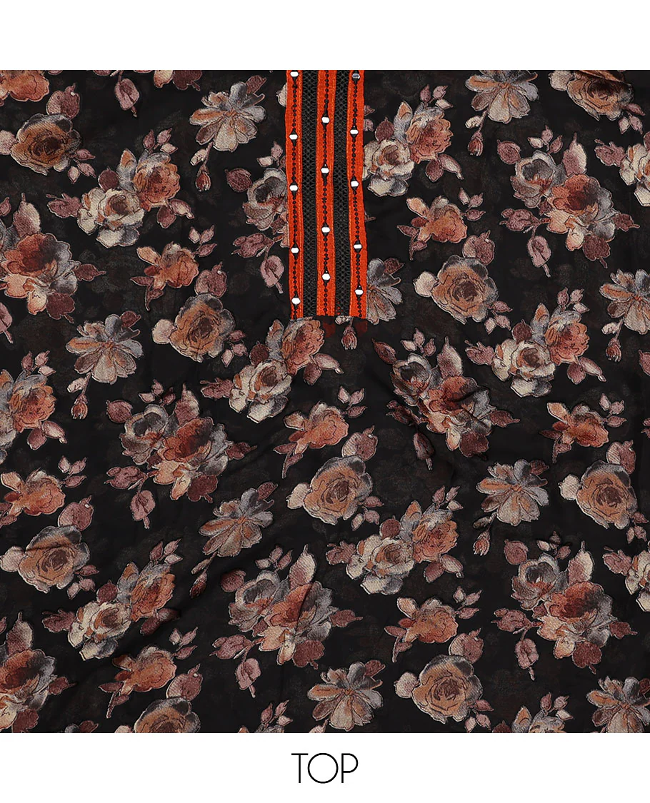 Black material chudidar set, floral print with mirror neck embroidered top, contrast orange bottom and plain dupatta - Image 2
