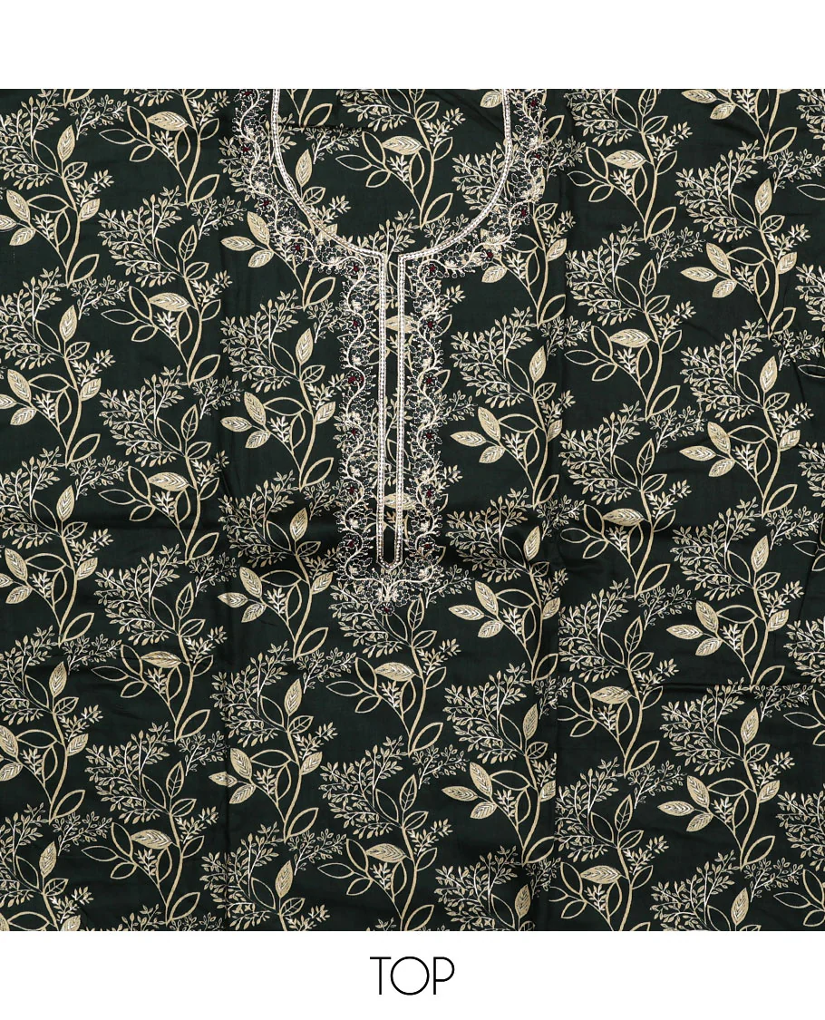 Black material chudidar set, floral print with neck embroidered top, plain bottom, and a contrast floral printed dupatta - Image 2