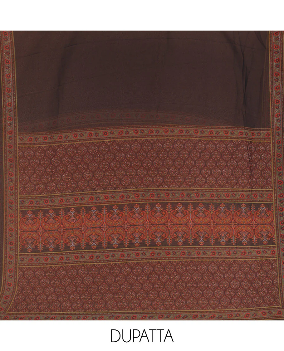 Black material chudidar set, floral-printed Italian crepe top, a plain bottom, and a floral and ogee-patterned printed georgette dupatta - Image 2