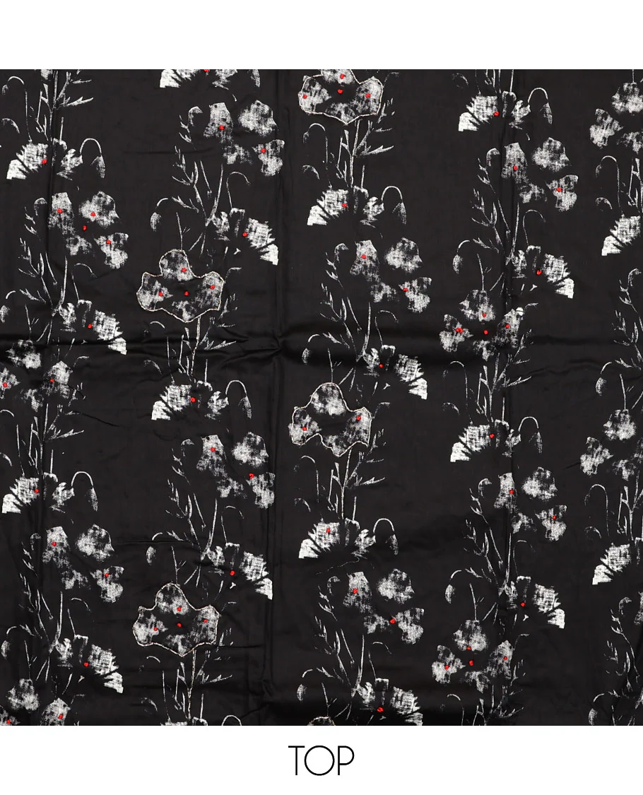 Black material chudidar set, floral printed with French knot embroidered top, plain bottom, and dupatta of stripes and floral print - Image 2