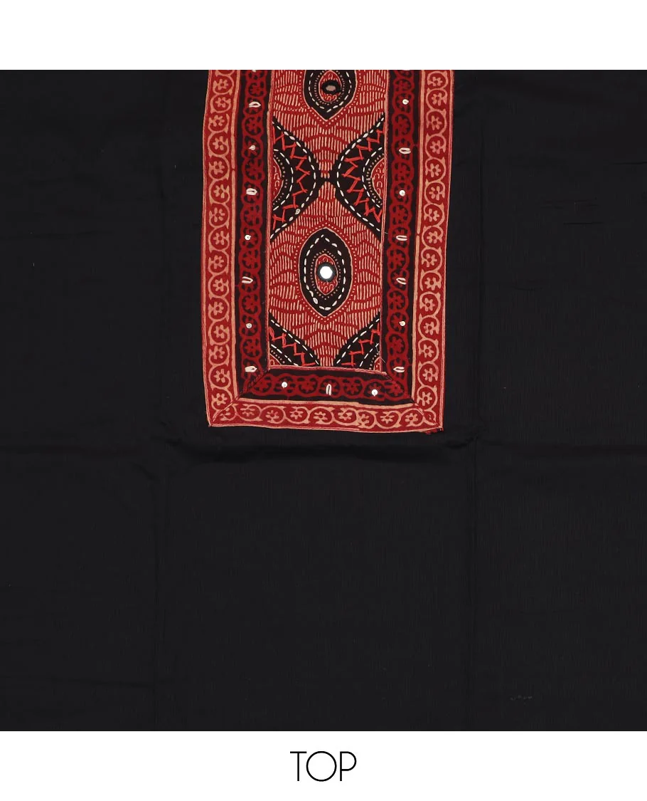 Black material chudidar set, geometric patterned neck work top, plain bottom and geometric printed dupatta - Image 2