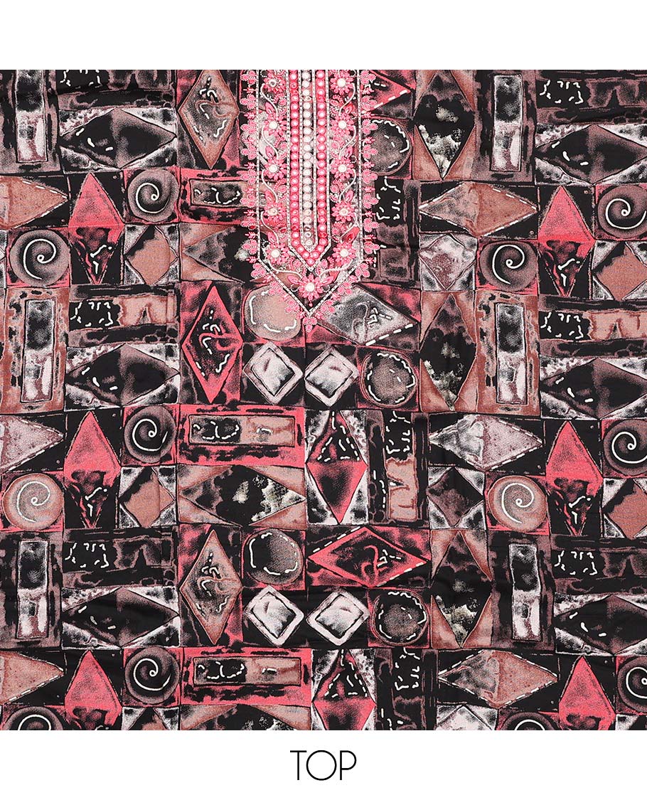 Black material chudidar set, geometric print with neck embroidered top, shibori printed bottom, and dupatta - Image 2