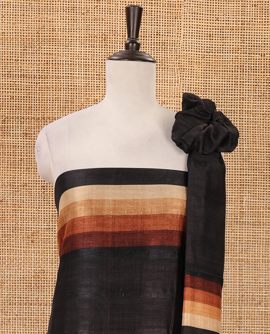 Black material chudidar set, horizontal brown-ombre striped semi-tussar top, plain santoon bottom & horizontal brown-ombre striped dupatta with tassels - Image 3