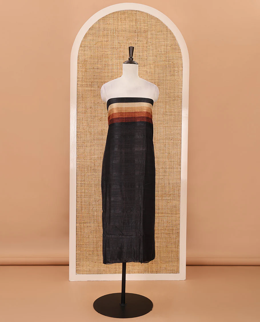 Black material chudidar set, horizontal brown-ombre striped semi-tussar top, plain santoon bottom & horizontal brown-ombre striped dupatta with tassels - Image 4