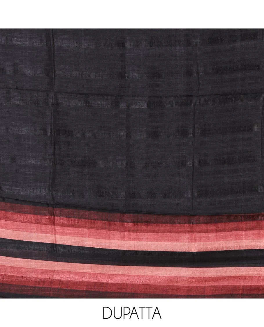 Black material chudidar set, horizontal brown-ombre striped semi-tussar top, plain santoon bottom & horizontal pink-ombre striped dupatta with tassels - Image 2