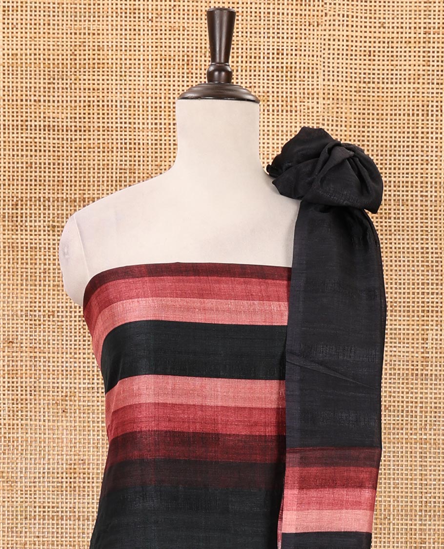 Black material chudidar set, horizontal brown-ombre striped semi-tussar top, plain santoon bottom & horizontal pink-ombre striped dupatta with tassels - Image 3