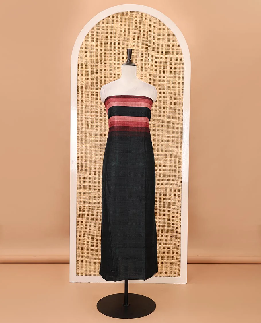 Black material chudidar set, horizontal brown-ombre striped semi-tussar top, plain santoon bottom & horizontal pink-ombre striped dupatta with tassels - Image 4