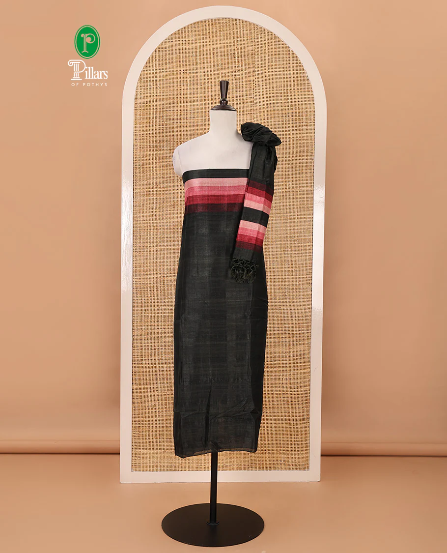 Black material chudidar set, horizontal rosepink-ombre striped semi-tussar top, plain santoon bottom & horizontal rosepink-ombre striped dupatta with tassels