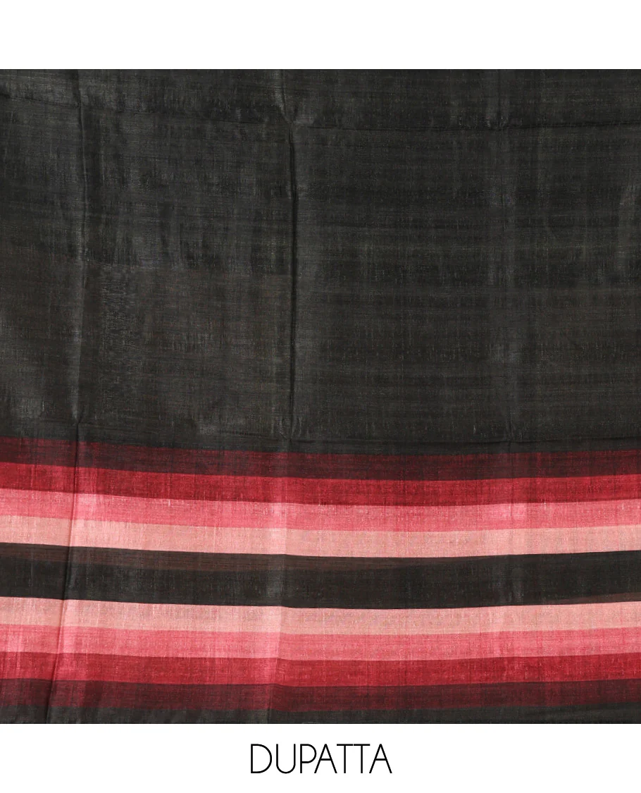 Black material chudidar set, horizontal rosepink-ombre striped semi-tussar top, plain santoon bottom & horizontal rosepink-ombre striped dupatta with tassels - Image 2