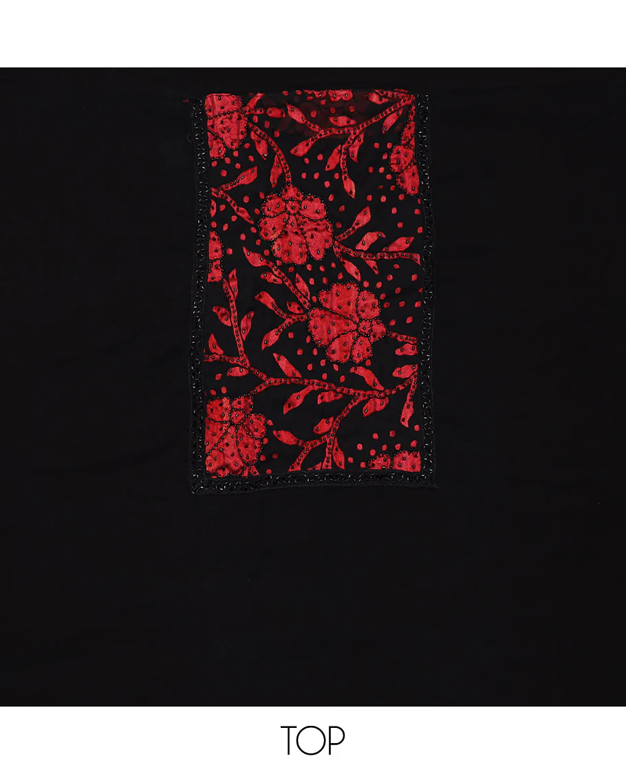 Black material chudidar set, red floral vine print with black micro stone neck work top, plain bottom and floral vine printed dupatta - Image 2