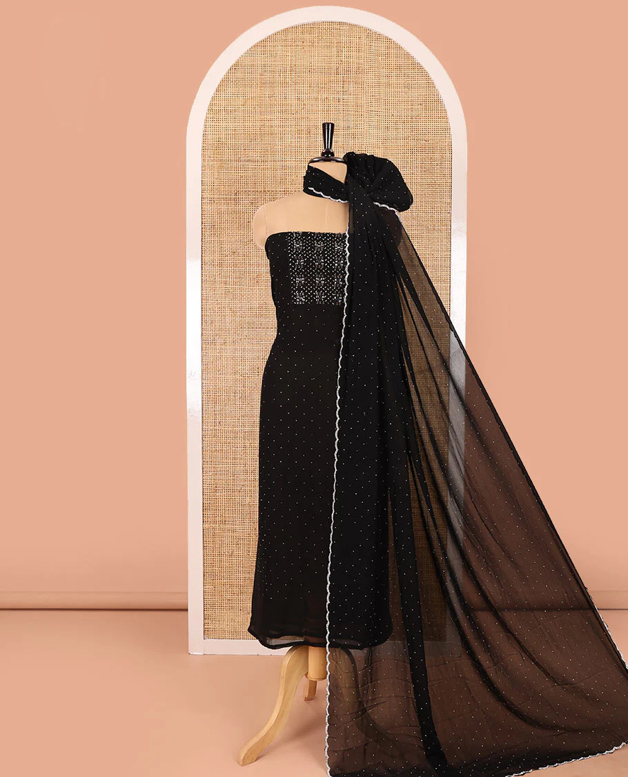 Black material chudidar set, silver stone embroidered with neck bead work georgette top, santoon plain botom, and scallop swarovski stone work dupatta