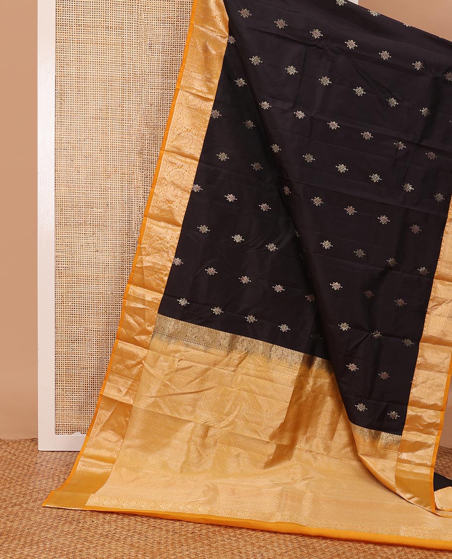 Black meena buttas Vasundhara silk saree, contrast zari border of rekku, rudraksham & mayil designs & pallu of kamalam designs - Image 3