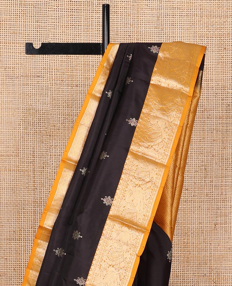 Black meena buttas Vasundhara silk saree, contrast zari border of rekku, rudraksham & mayil designs & pallu of kamalam designs - Image 4
