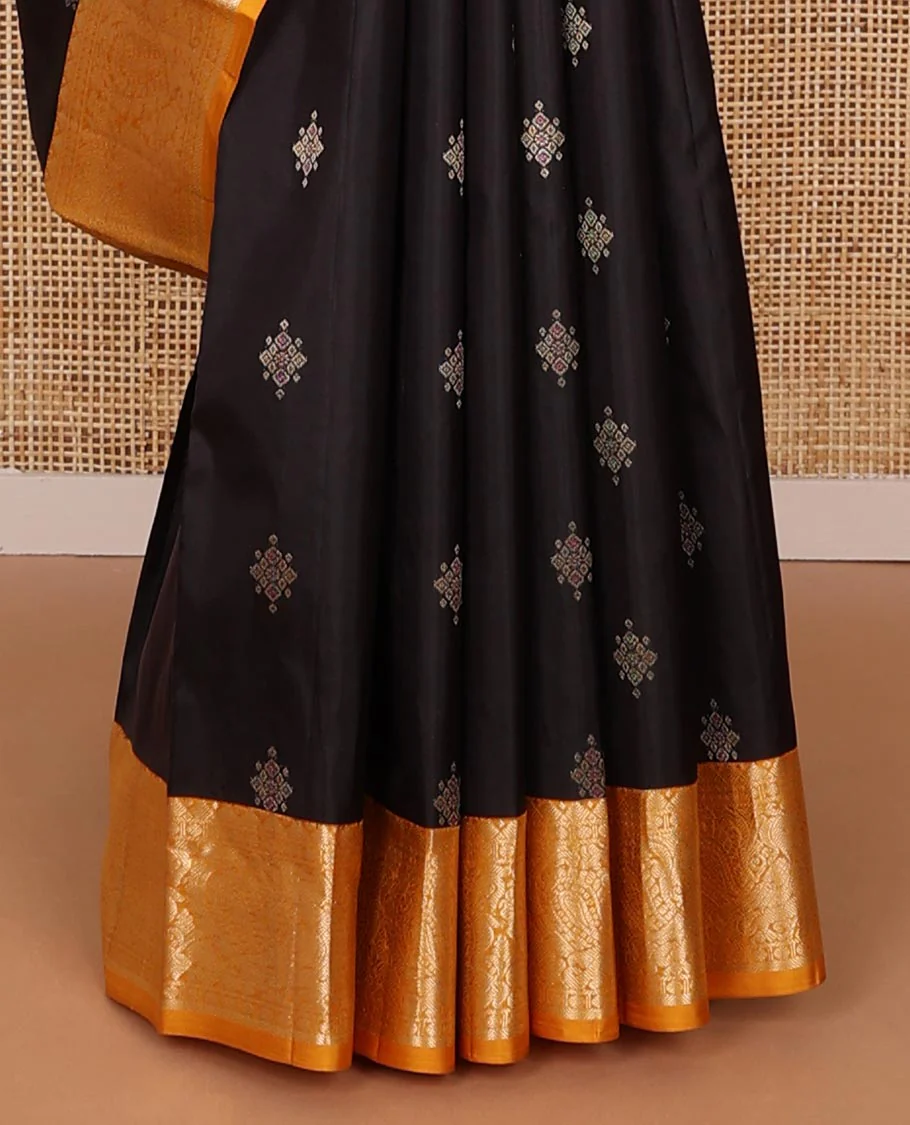 Black meena buttas Vasundhara silk saree, contrast zari border of rekku, rudraksham & mayil designs & pallu of kamalam designs - Image 5