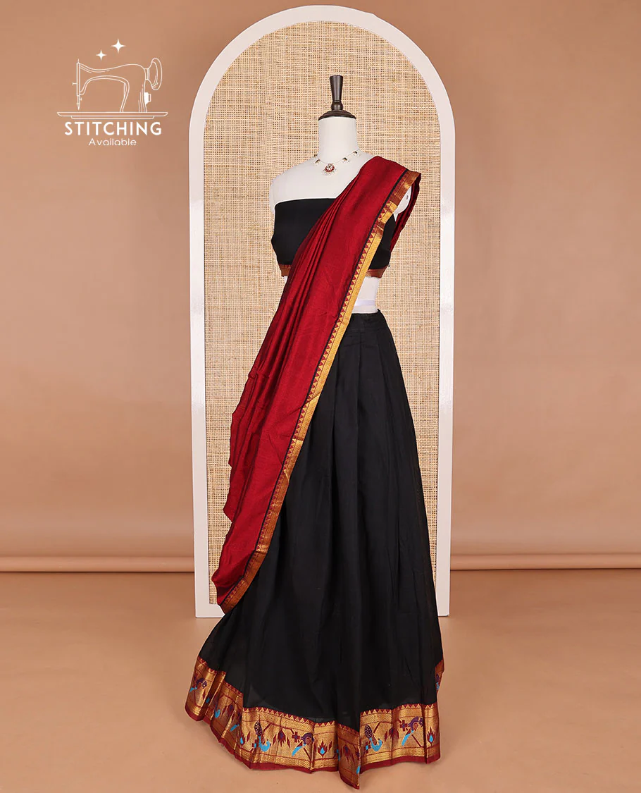 Black mercerised cotton birds design border half saree with cotton blouse & georgette one side zari border - Image 3