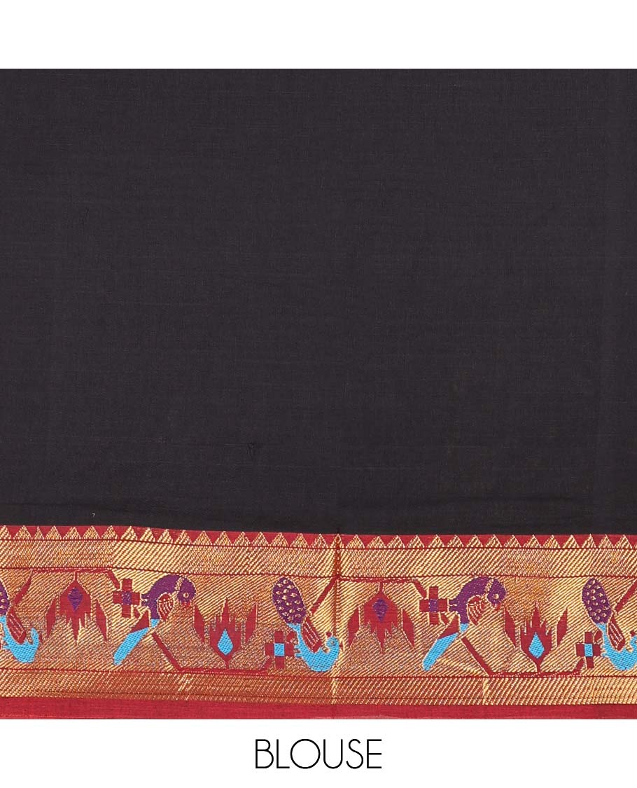 Black mercerised cotton birds design border half saree with cotton blouse & georgette one side zari border - Image 4