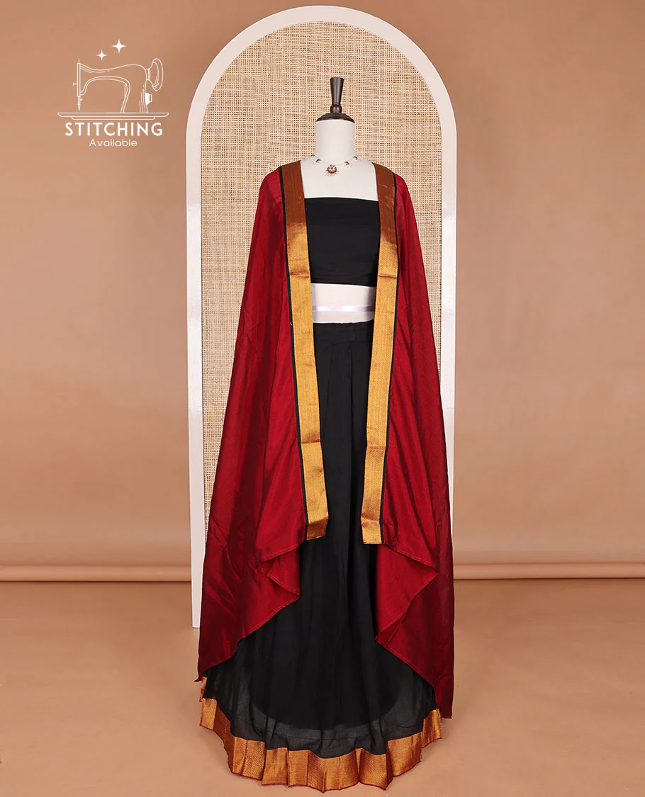 Black mercerised cotton daman design border half saree with cotton blouse & georgette one side zari border - Image 2