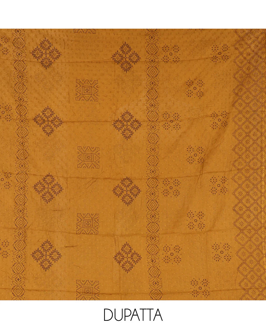 Green-mustard flex cotton material chudidar set, ikkat printed & oxidised charm woven top, contrast bottom & negative printed dupatta - Image 2