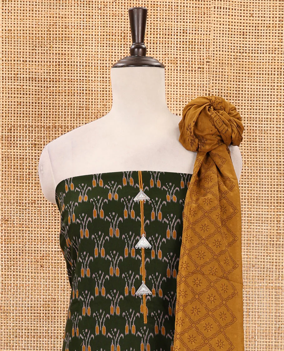 Green-mustard flex cotton material chudidar set, ikkat printed & oxidised charm woven top, contrast bottom & negative printed dupatta - Image 3