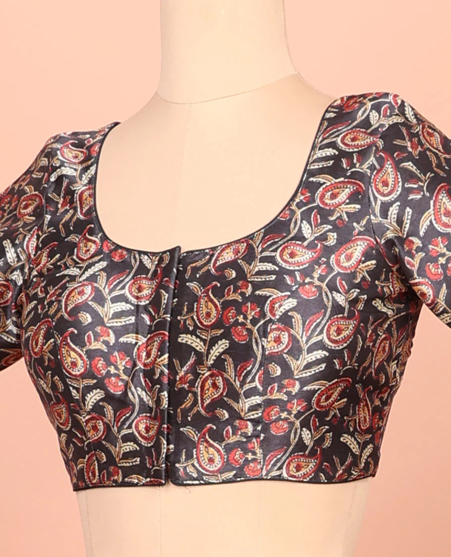Black paisleys printed front-back round-neck elbow sleeve readymade blouse - Image 2