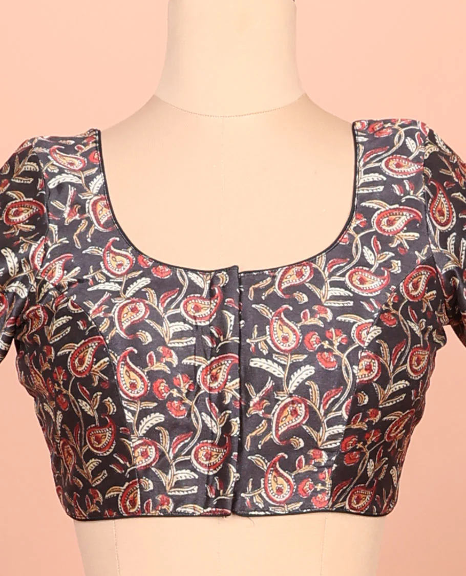 Black paisleys printed front-back round-neck elbow sleeve readymade blouse - Image 3