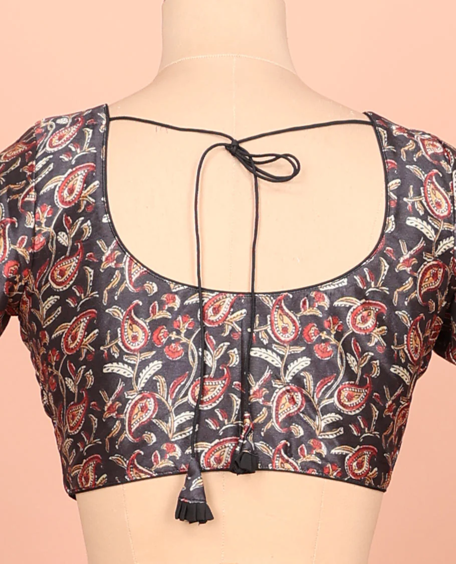 Black paisleys printed front-back round-neck elbow sleeve readymade blouse - Image 4