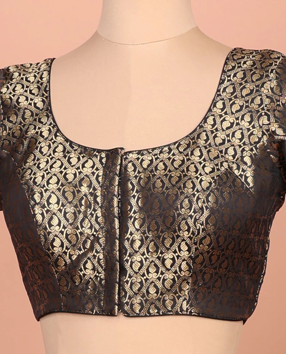 Black paisleys-theme jacquard front-back round neck elbow-sleeve readymade blouse - Image 2