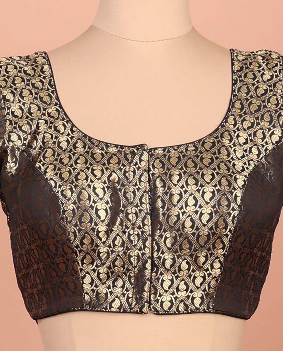 Black paisleys-theme jacquard front-back round neck elbow-sleeve readymade blouse - Image 3