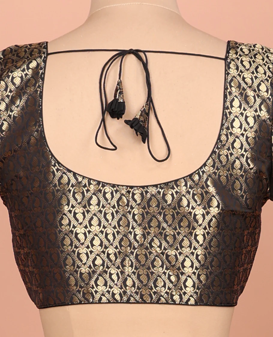 Black paisleys-theme jacquard front-back round neck elbow-sleeve readymade blouse - Image 4