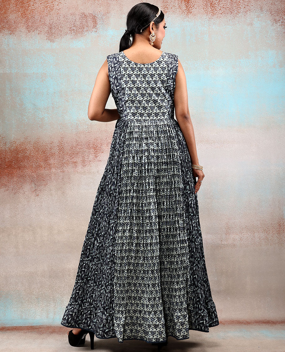 Black patola Silk Anarkali Printed with intricate designs & front neck embroidered,contrast net dupatta with lace border - Image 6