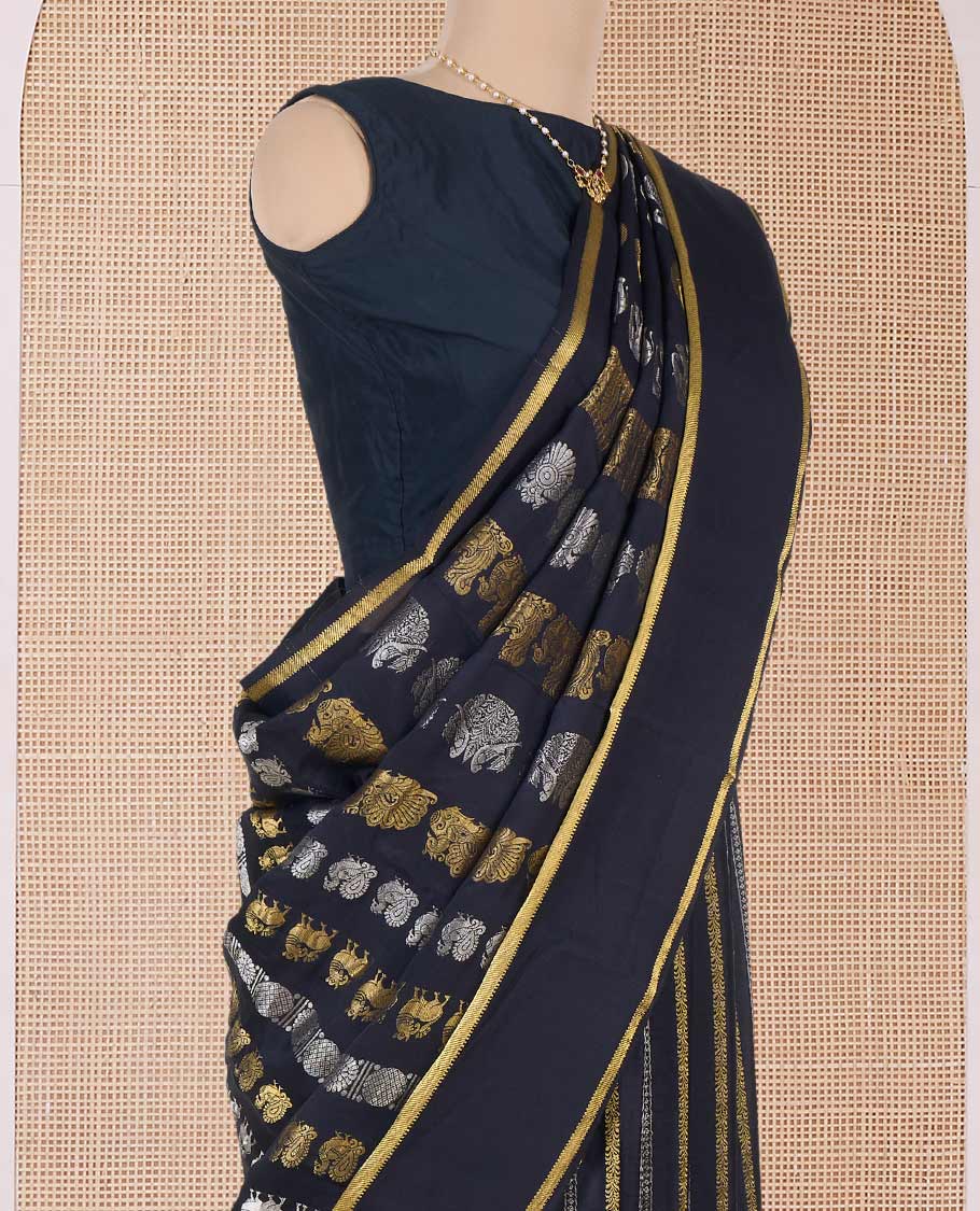 Black peacock and parrot motifs zari woven Mysore silk saree, traditional rettai pettu border, and intricate pallu - Image 3