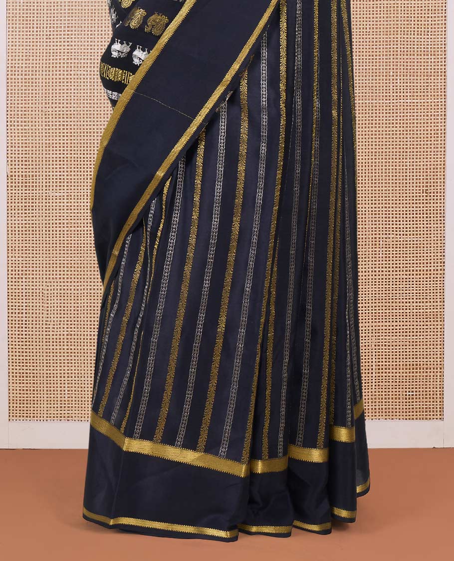 Black peacock and parrot motifs zari woven Mysore silk saree, traditional rettai pettu border, and intricate pallu - Image 4
