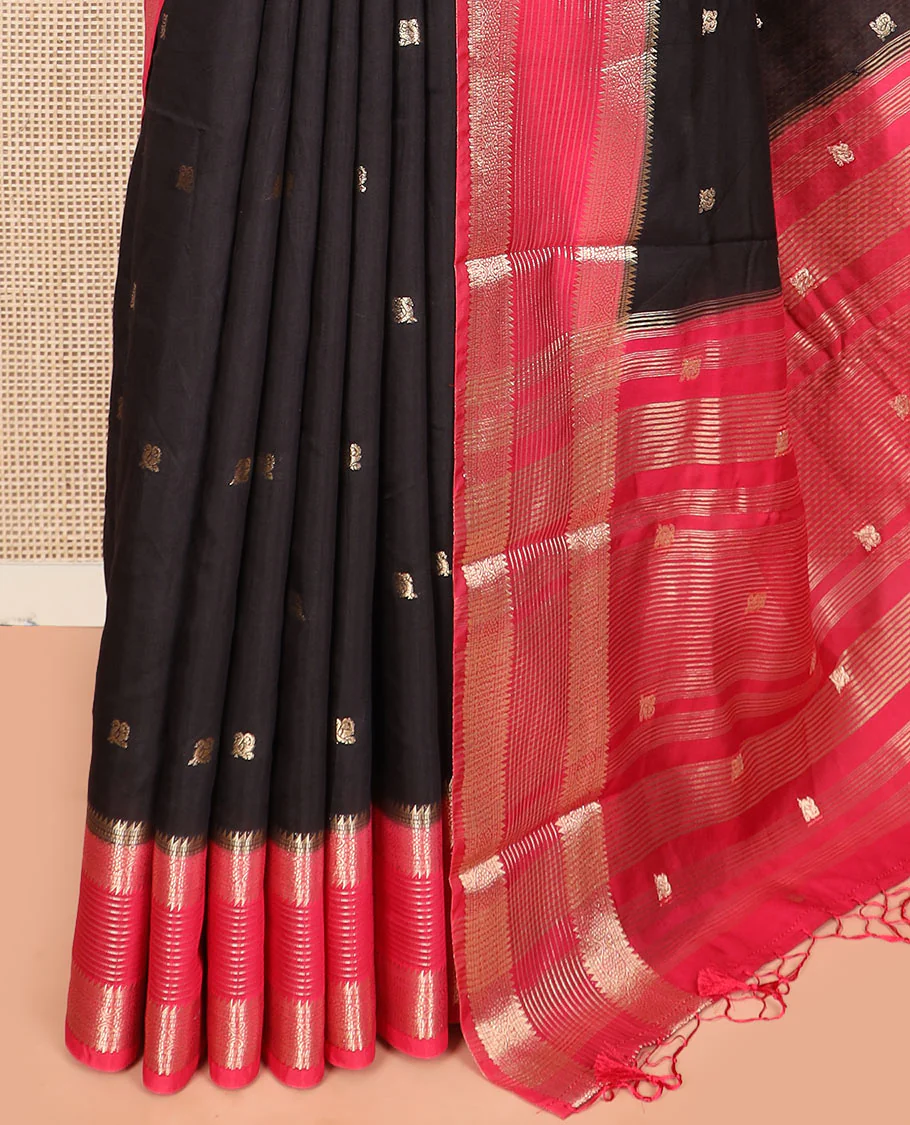 Black peacock buttas assam silk saree, contrast traditional zari border, and pallu of zari design - Image 3