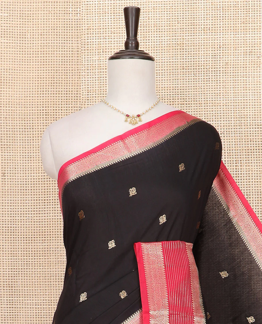 Black peacock buttas Assam silk saree, contrast traditional zari border, and pallu of zari designs - Image 2