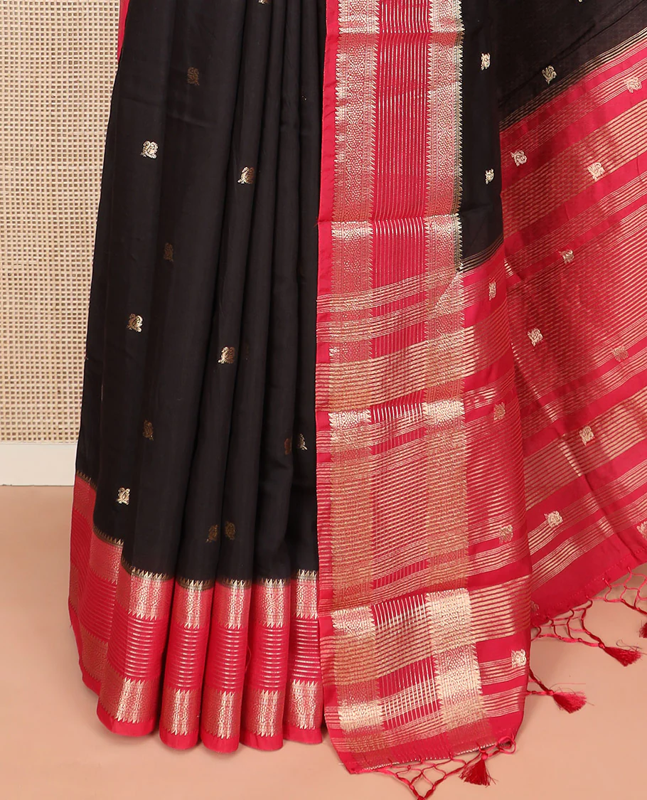Black peacock buttas Assam silk saree, contrast traditional zari border, and pallu of zari designs - Image 3